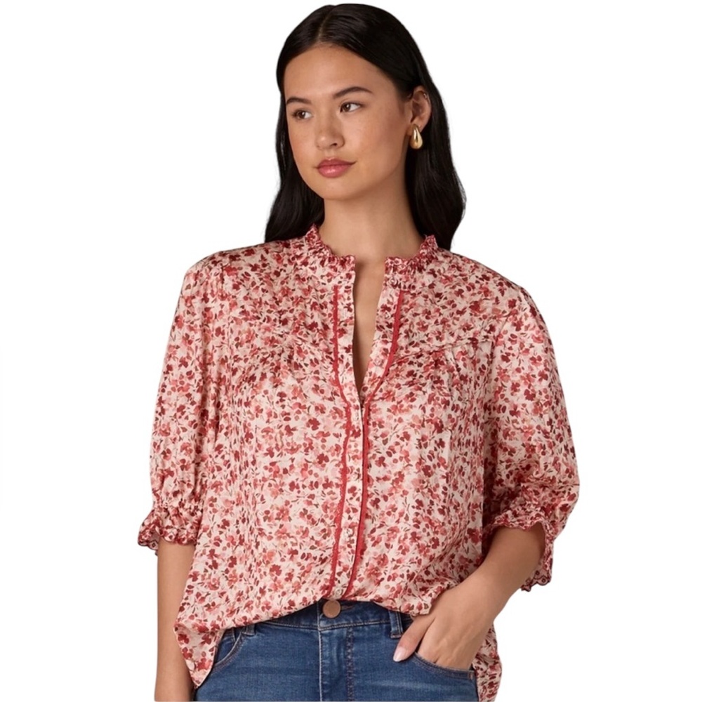 Wit & Wisdom Cream and Blush Floral Ruffle-Trim Blouse